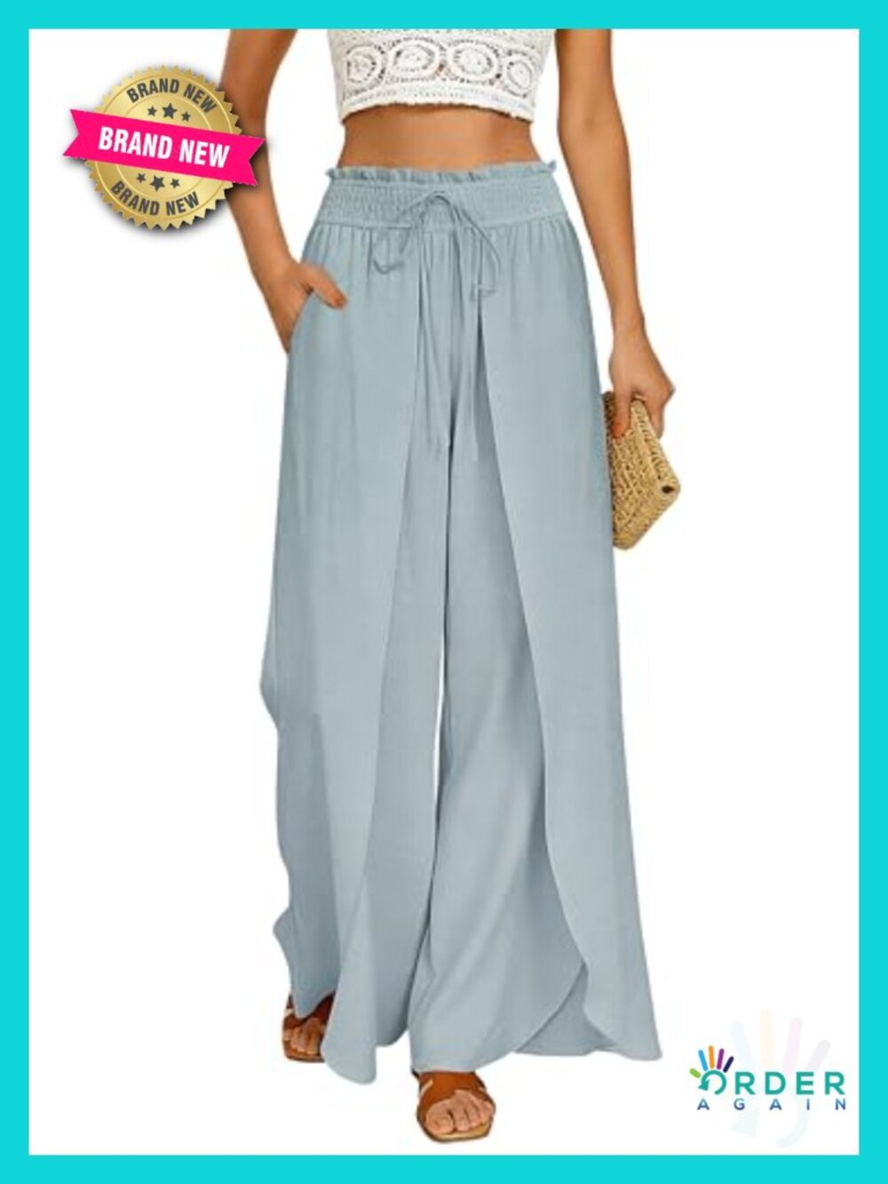 Linen Wide Leg Palazzo Beach Pants High Waist Side Split Flowy Trousers